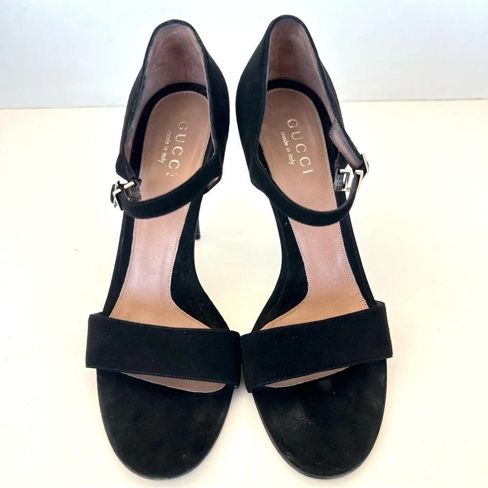 GUCCI Black Suede Interlocking Strap Closure Open Toe Classic Heel Sandal Sz 9 B